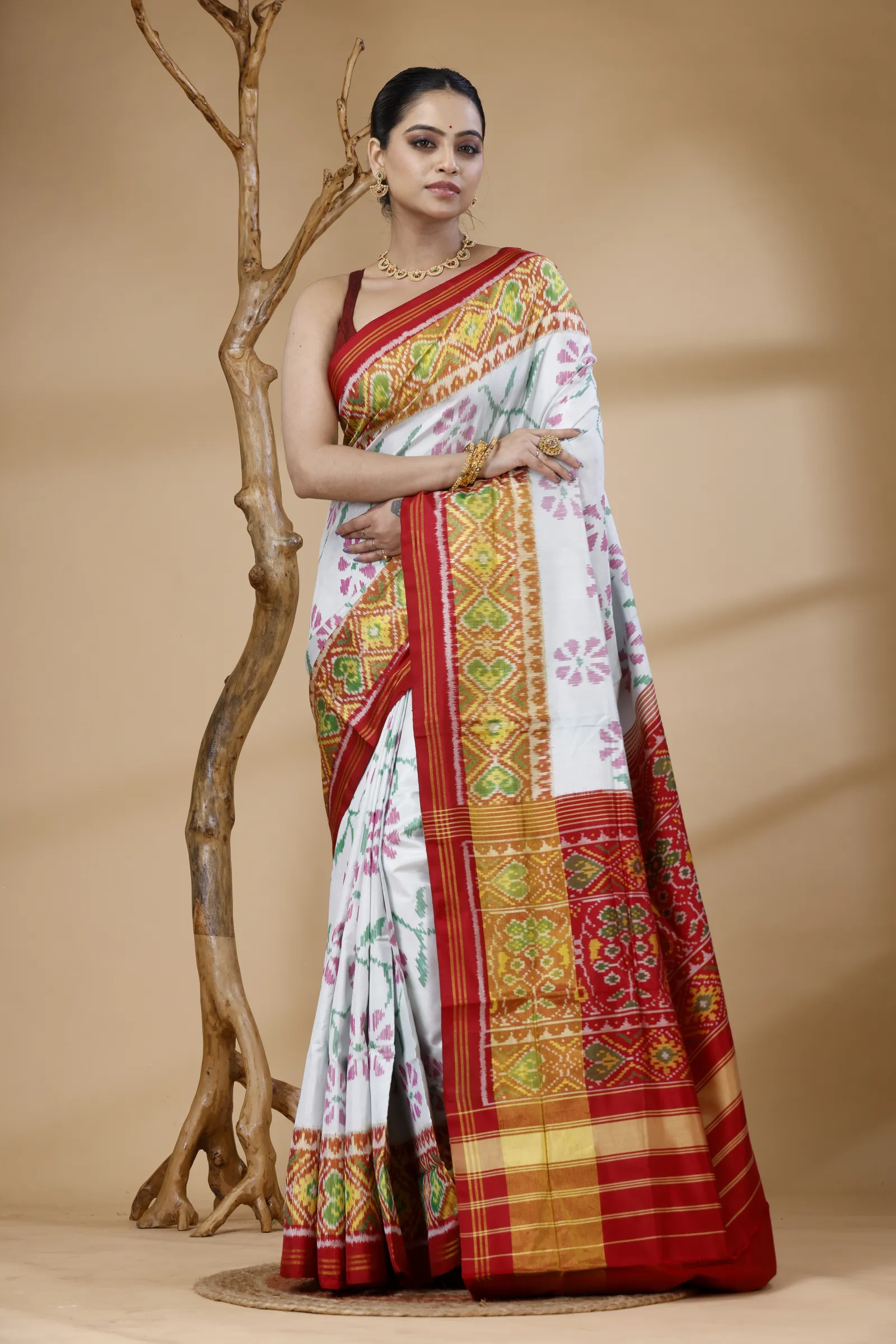 White Multicolor Patola Inspired Saree