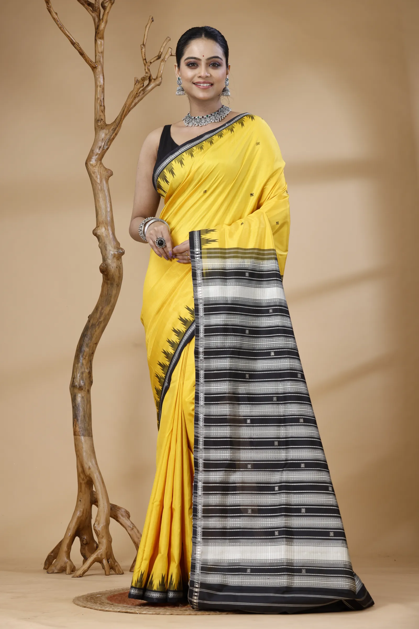 Sunshine Yellow Ikat Contrast Saree